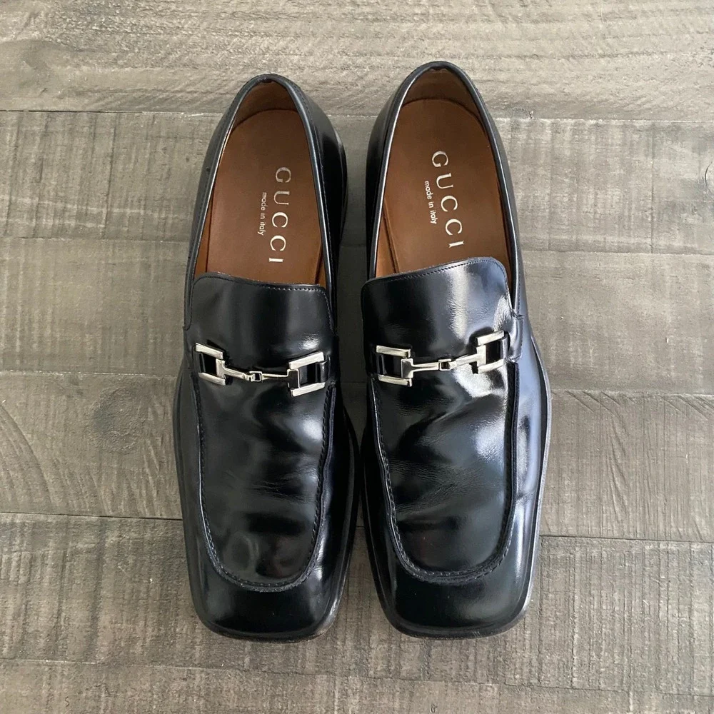 Gucci Mens Black Leather Square Toe Horsebit Loafers Size 11